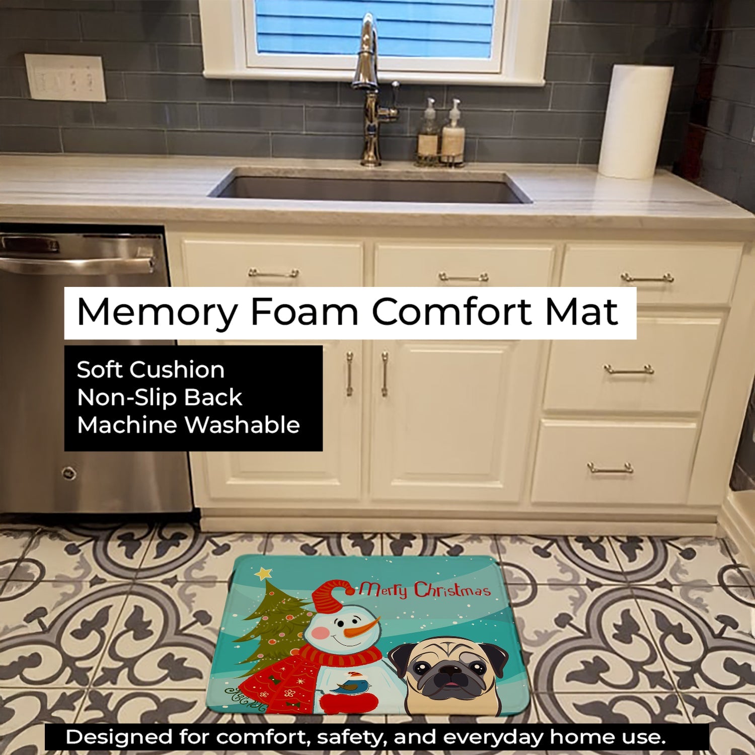 Snowman with Fawn Pug Memory Foam Kitchen Mat Machine Washable Anti-Fatigue Cushion Comfort Bath or Kitchen Rug