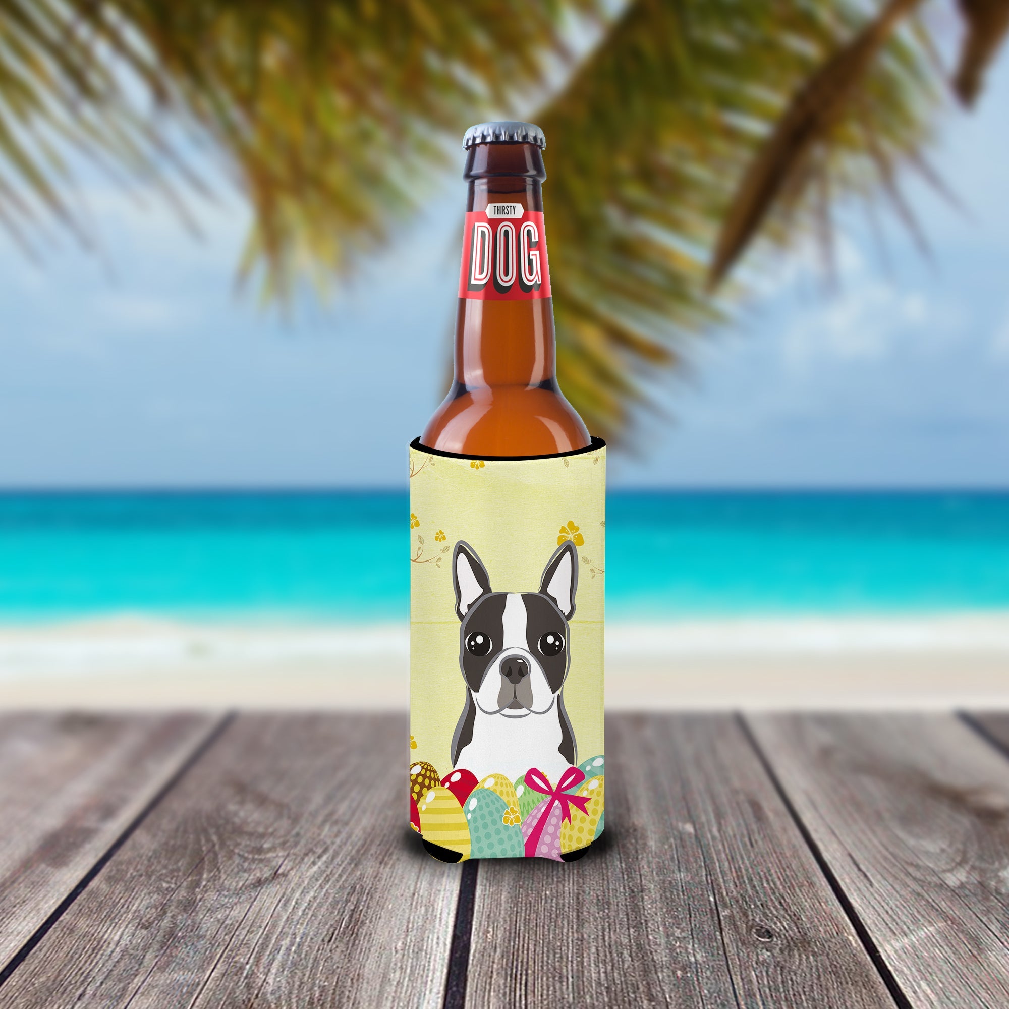 Boston Terrier Easter Egg Hunt Slim Can Hugger , Insulated Foam Hugger for 12 oz Slim Cans, Beer Bottles & Water Bottles, Printed in USA