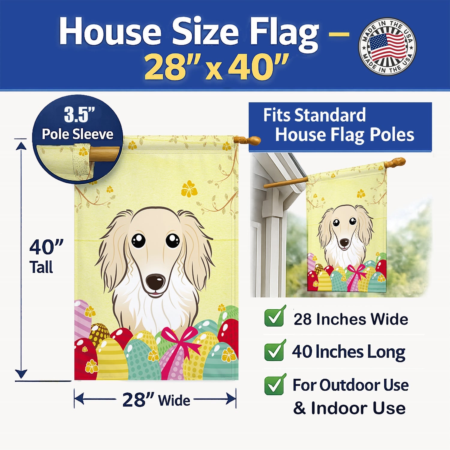 Longhair Creme Dachshund Easter Egg Hunt House Flag 28x40 Porch Sleeve Pole Decorative Outside Yard Banner Artwork Wall Hanging, Polyester