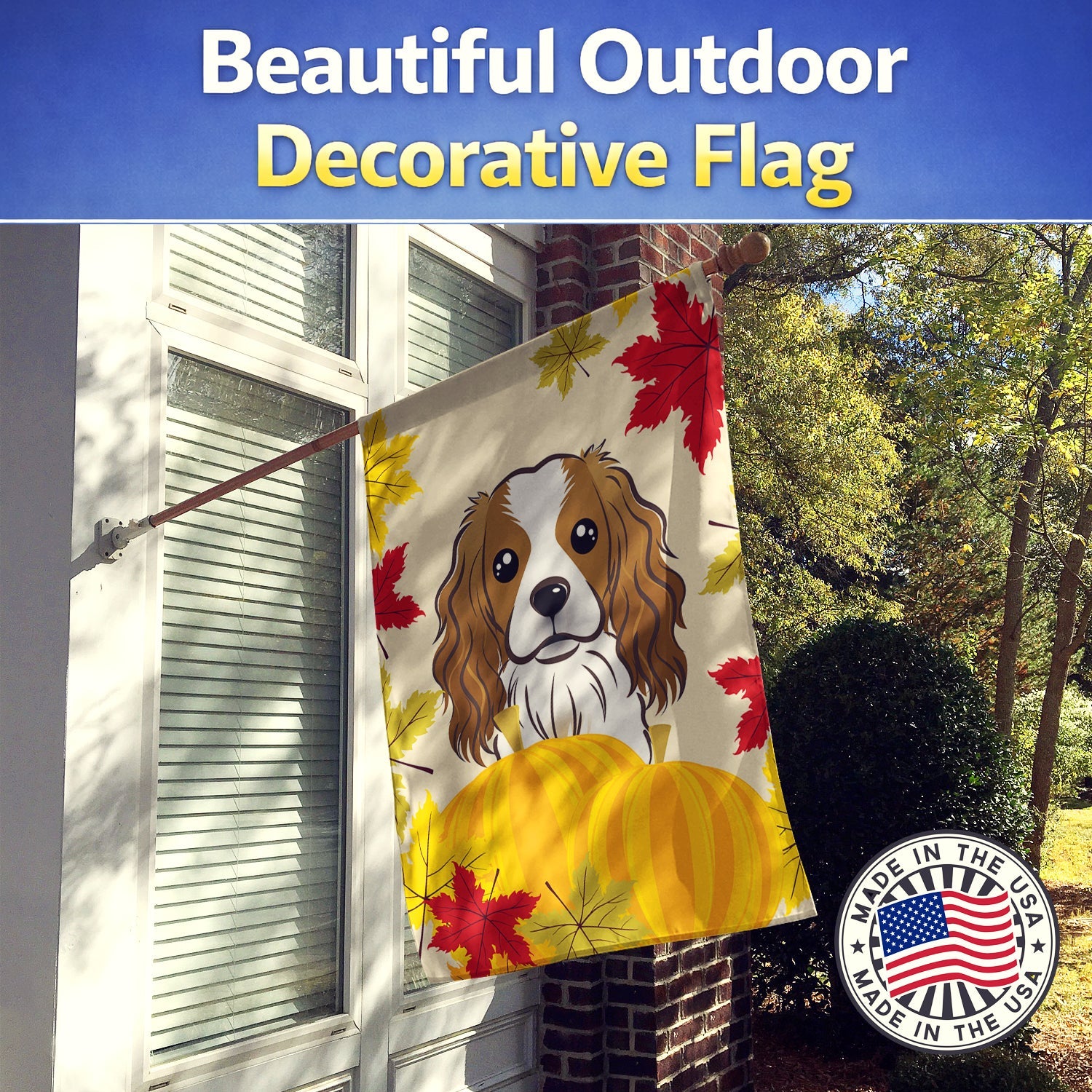 Cavalier Spaniel Thanksgiving House Flag 28x40 Porch Sleeve Pole Decorative Outside Yard Banner Artwork Wall Hanging, Polyester