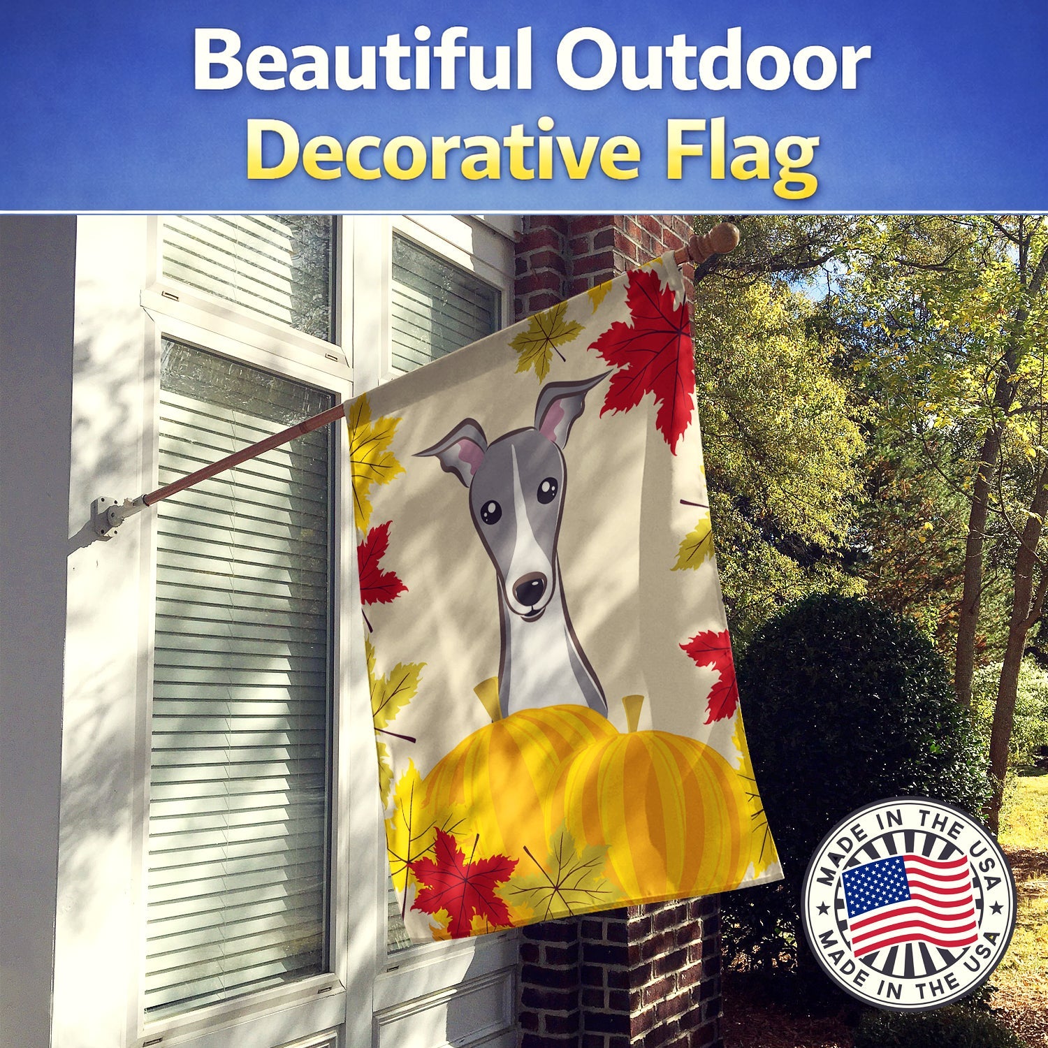 Italian Greyhound Thanksgiving House Flag 28x40 Porch Sleeve Pole Decorative Outside Yard Banner Artwork Wall Hanging, Polyester