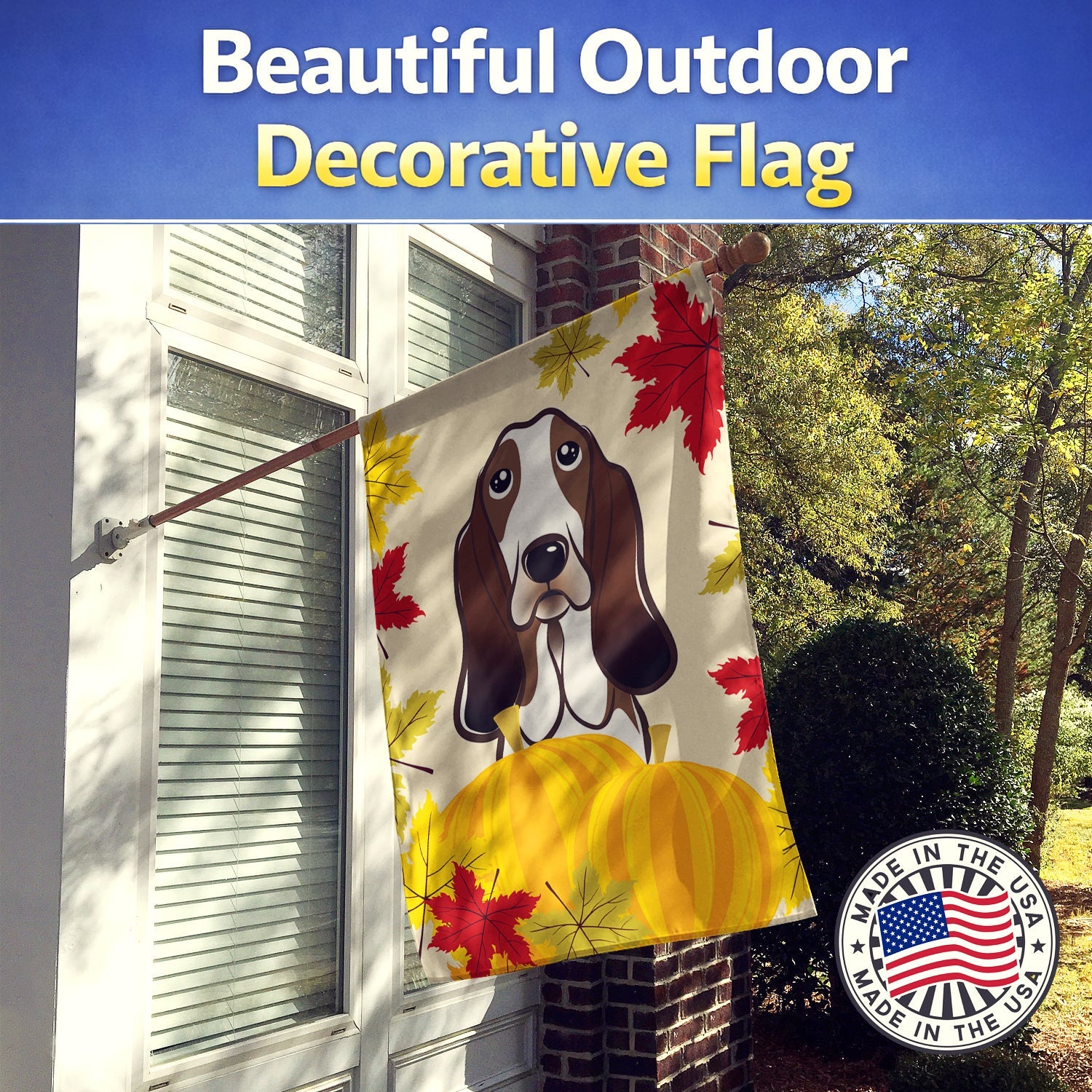 Basset Hound Thanksgiving House Flag 28x40 Porch Sleeve Pole Decorative Outside Yard Banner Artwork Wall Hanging, Polyester