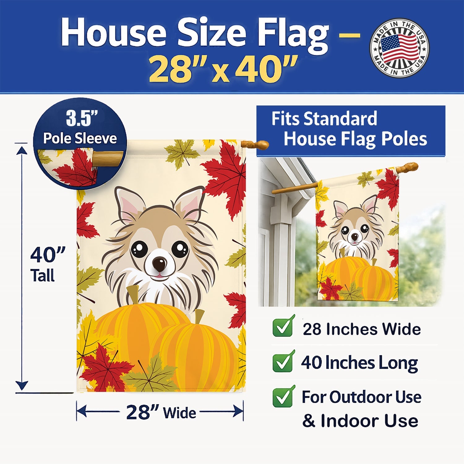 Chihuahua Thanksgiving House Flag 28x40 Porch Sleeve Pole Decorative Outside Yard Banner Artwork Wall Hanging, Polyester