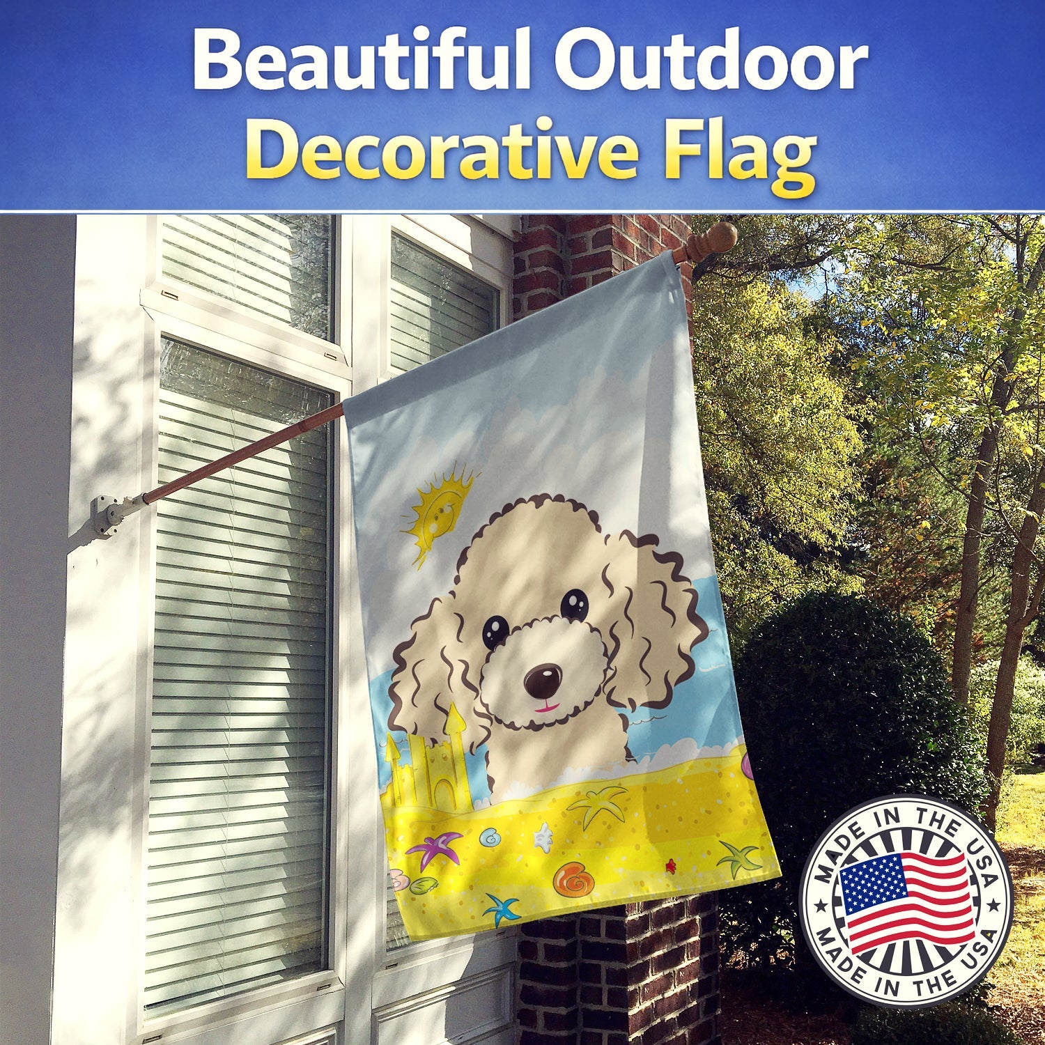 Buff Poodle Summer Beach House Flag 28x40 Porch Sleeve Pole Decorative Outside Yard Banner Artwork Wall Hanging, Polyester
