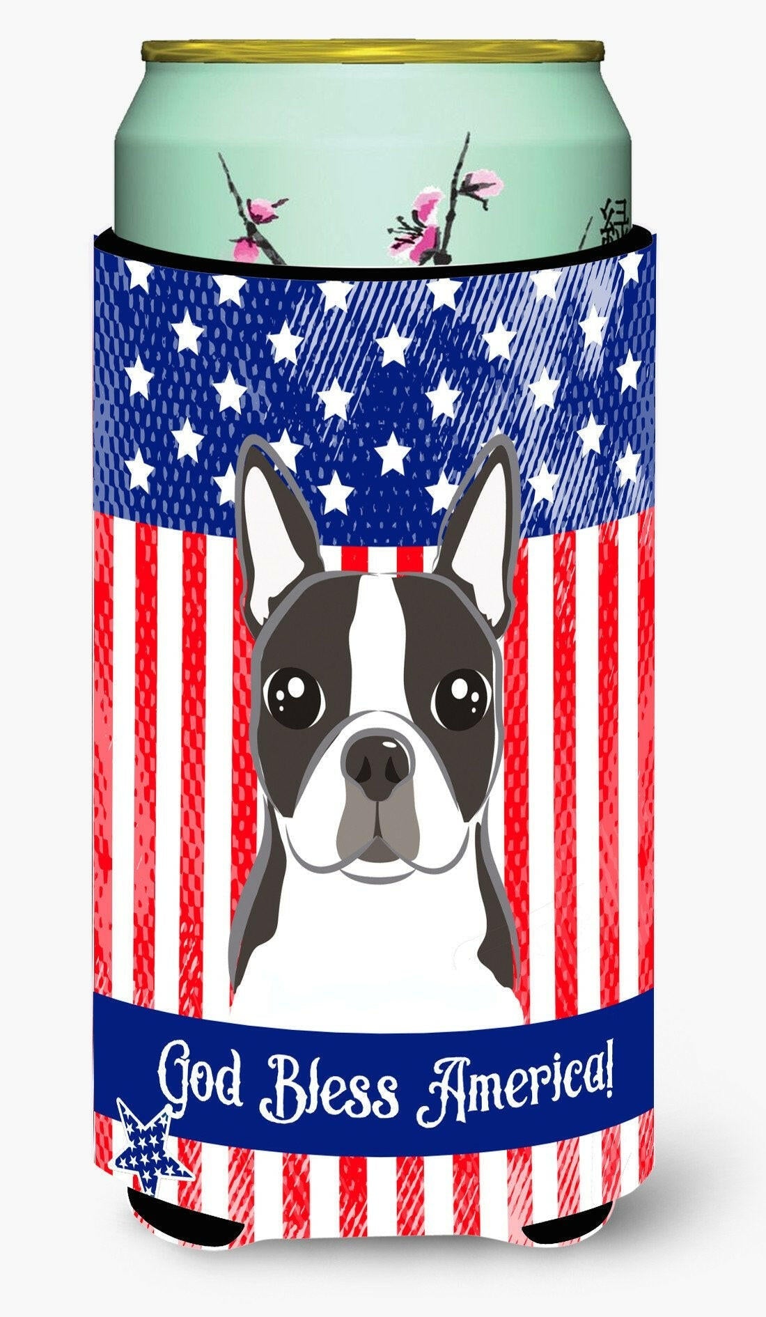 American Flag and Boston Terrier Tall Boy Hugger Can Cooler Sleeve Machine Washable Drink Collapsible Insulator Beverage Insulated Holder
