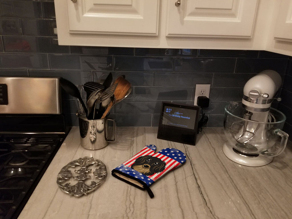 American Flag and Longhair Black and Tan Dachshund Oven Mitt Heat Resistant Thick Oven Mitt for Hot Pans and Oven, Kitchen Mitt Protect Hands, Cooking Baking Glove