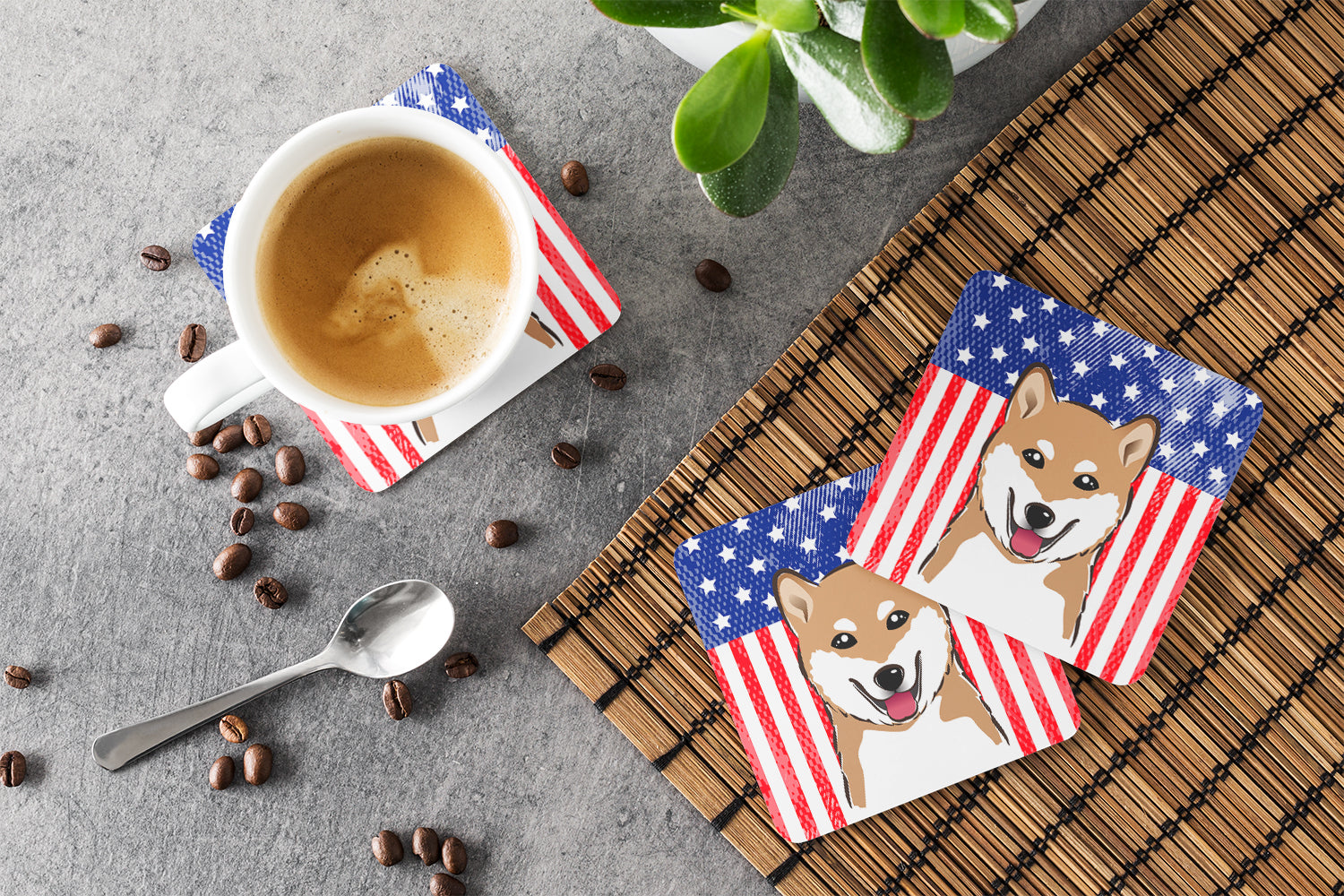 American Flag and Shiba Inu Foam Coasters Set of 4 Cup Coasters for Indoor Outdoor, Tabletop Protection, Anti Slip, Mouse pad Material