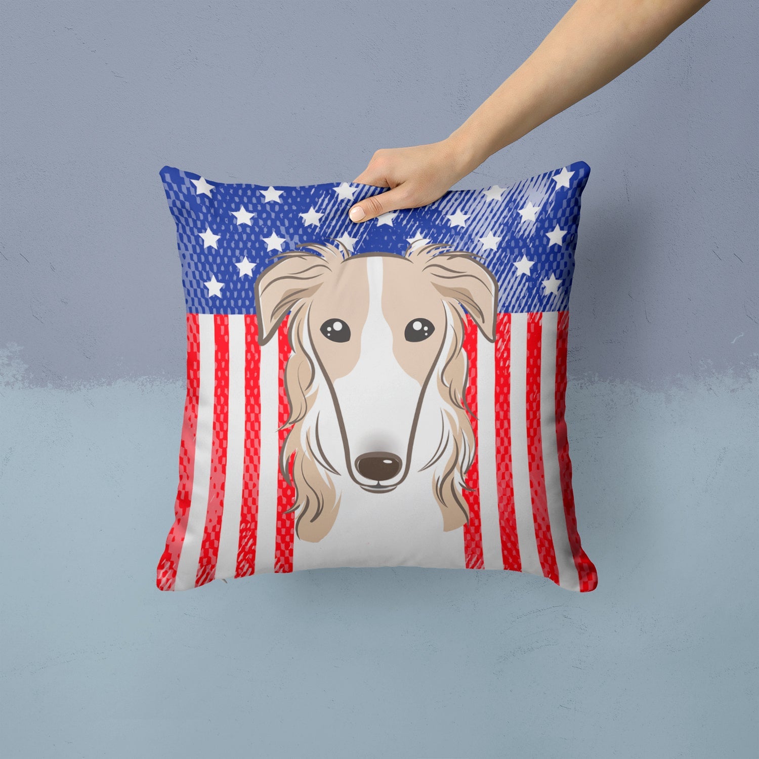 American Flag and Borzoi Decorative Throw Pillow 14x14 Indoor Outdoor Accent Cushion, Fabric Cover with Insert for Sofa, Bed, Porch & Living Room