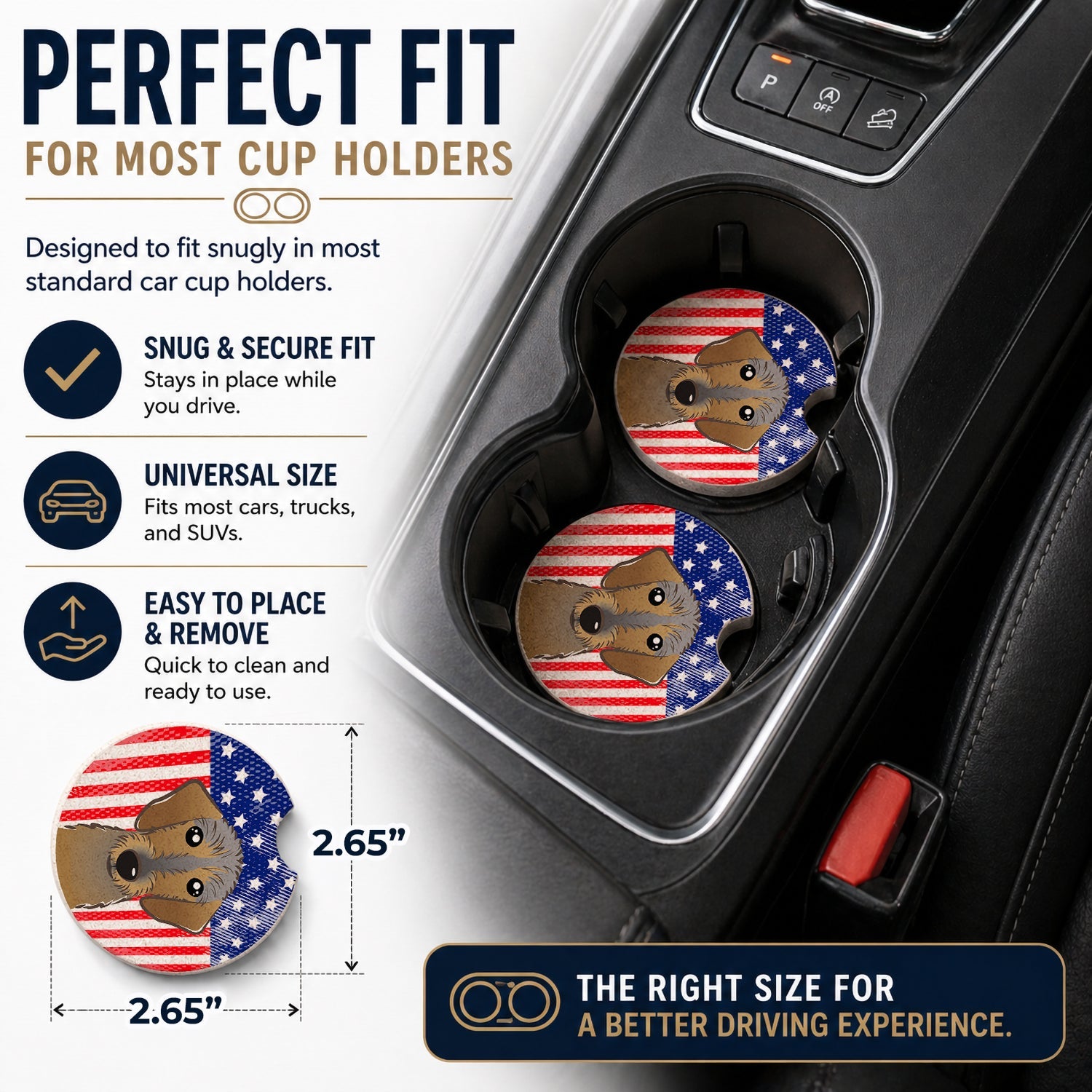 American Flag and Wirehaired Dachshund Set of 2 Cup Holder Car Coasters Absorbent Round Sandstone Coasters Gifts for Men or Women, 2.5, Multicolor
