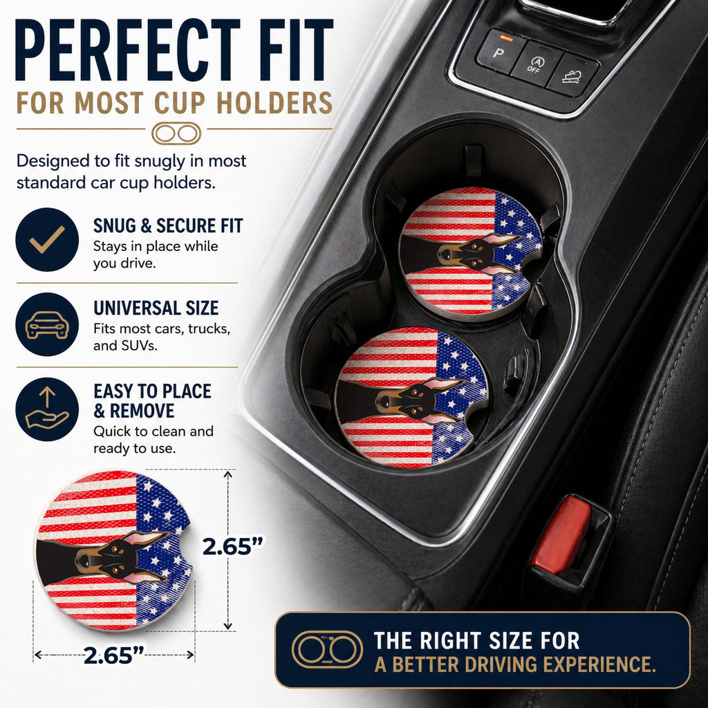 American Flag and Doberman Set of 2 Cup Holder Car Coasters Absorbent Round Sandstone Coasters Gifts for Men or Women, 2.5, Multicolor