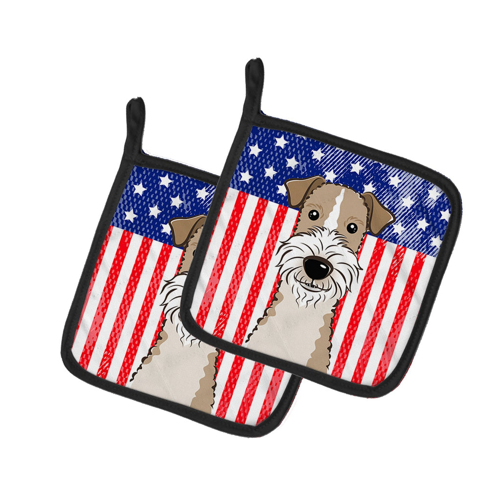 American Flag and Wire Haired Fox Terrier Pot Holder Set of 2 Heat Resistant Quilted Hot Pads 7.5 x 7.5 Inch, Insulated Kitchen Trivets for Cooking & Baking