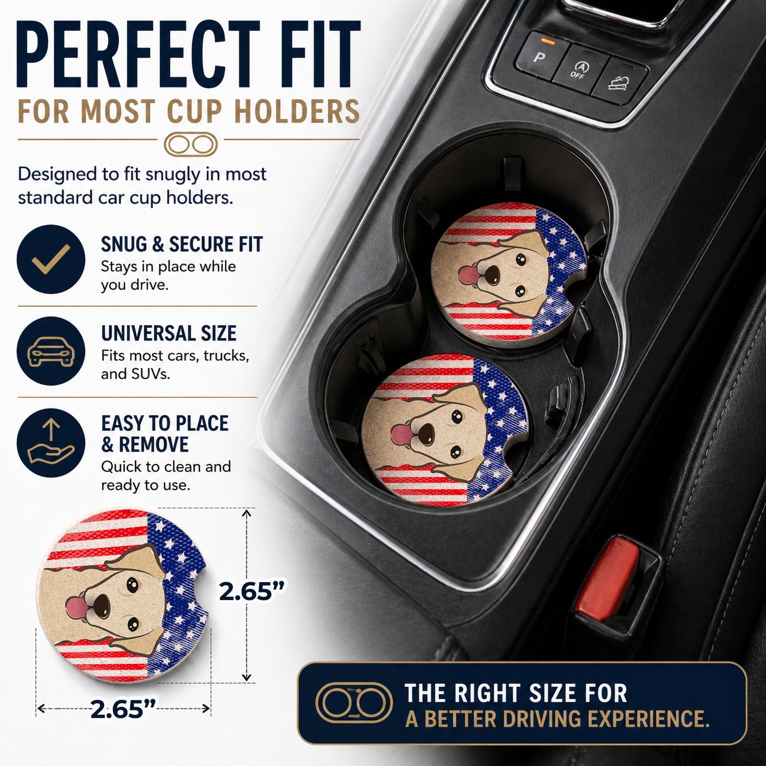 American Flag and Golden Retriever Set of 2 Cup Holder Car Coasters Absorbent Round Sandstone Coasters Gifts for Men or Women, 2.5, Multicolor