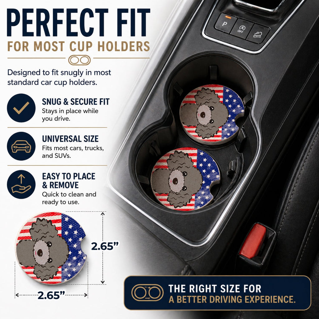 American Flag and Silver Gray Poodle Set of 2 Cup Holder Car Coasters Absorbent Round Sandstone Coasters Gifts for Men or Women, 2.5, Multicolor