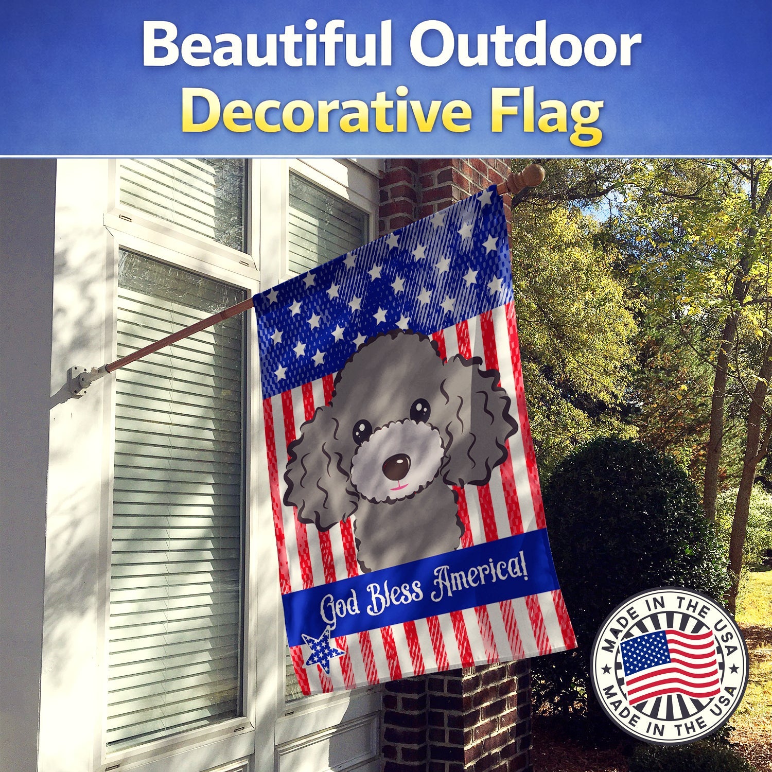 American Flag and Silver Gray Poodle House Flag 28x40 Porch Sleeve Pole Decorative Outside Yard Banner Artwork Wall Hanging, Polyester