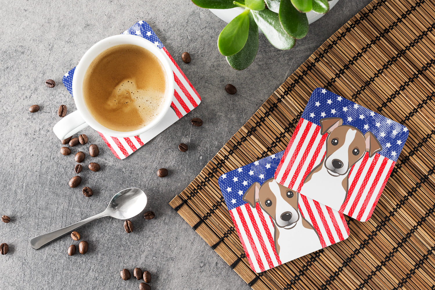 American Flag and Jack Russell Terrier Foam Coasters Set of 4 Cup Coasters for Indoor Outdoor, Tabletop Protection, Anti Slip, Mouse pad Material