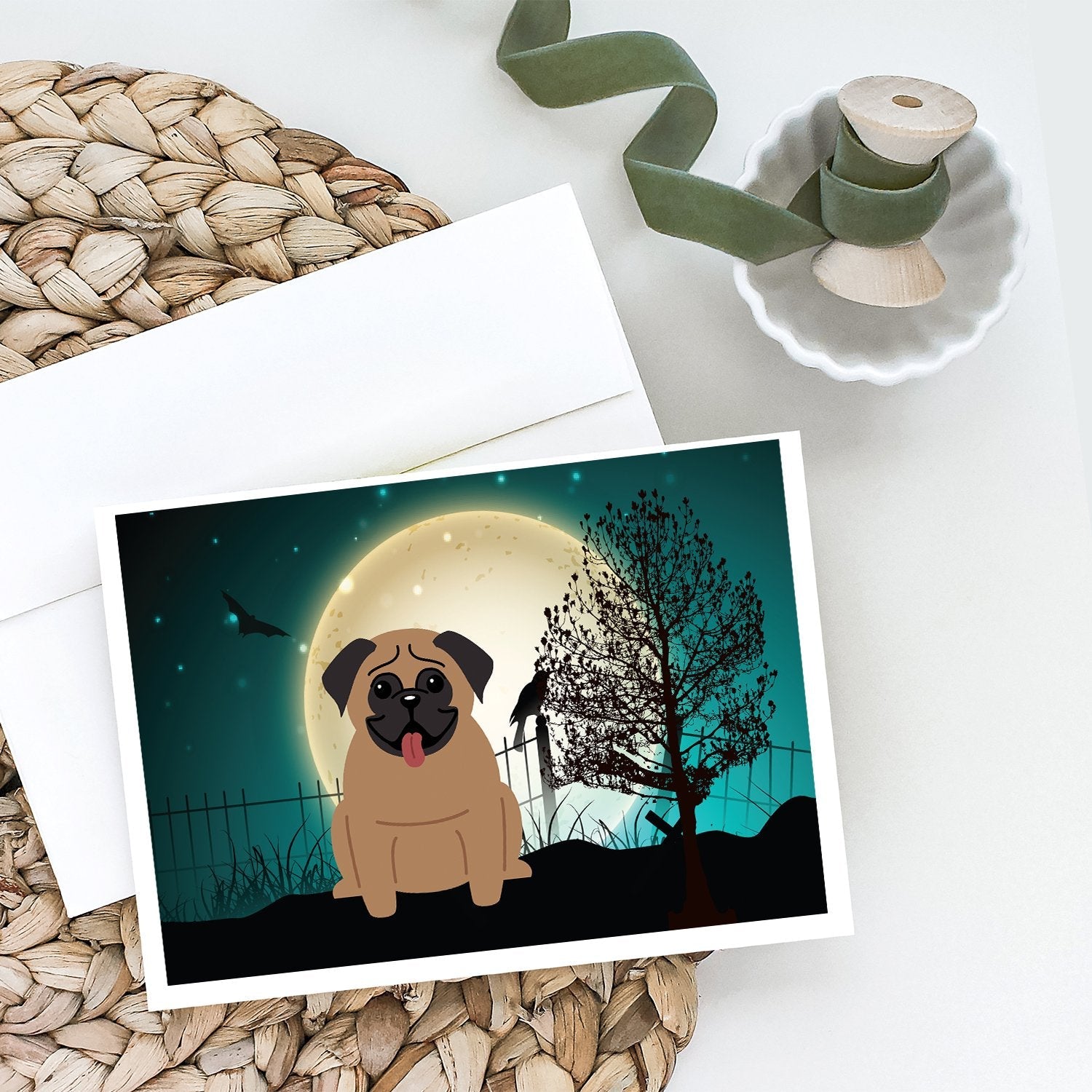 Halloween Scary Pug Brown Greeting Cards Pack of 8 Blank Cards with Envelopes Whimsical A7 Size 5x7