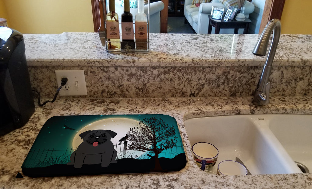 Halloween Scary Pug Black Dish Drying Mat Absorbent Dish Drying Mat Pad for Kitchen Counter Dish Drainer Mat for Countertop, 14 x 21", Multicolor