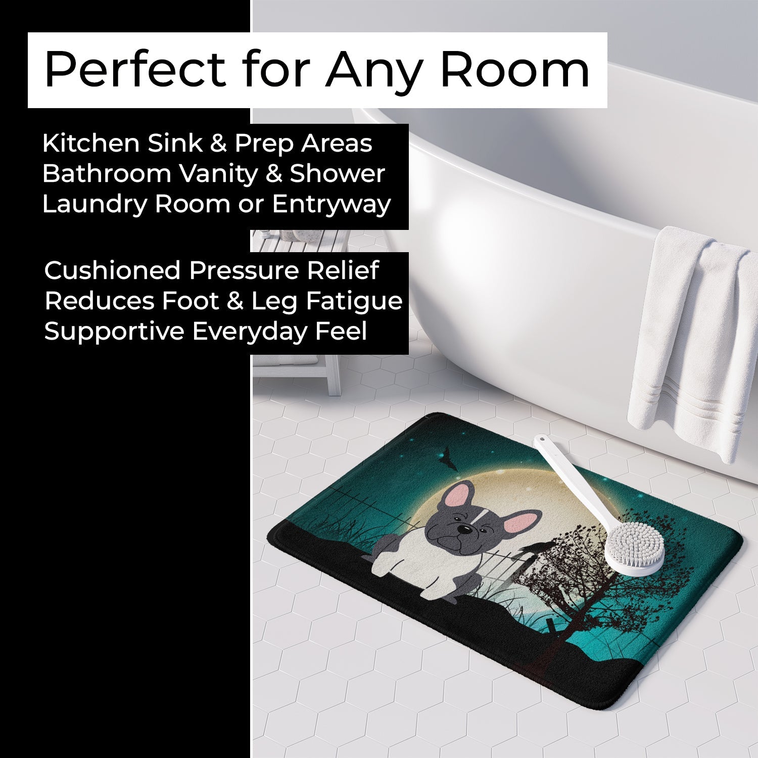 Halloween Scary French Bulldog Black White Memory Foam Kitchen Mat Machine Washable Anti-Fatigue Cushion Comfort Bath or Kitchen Rug