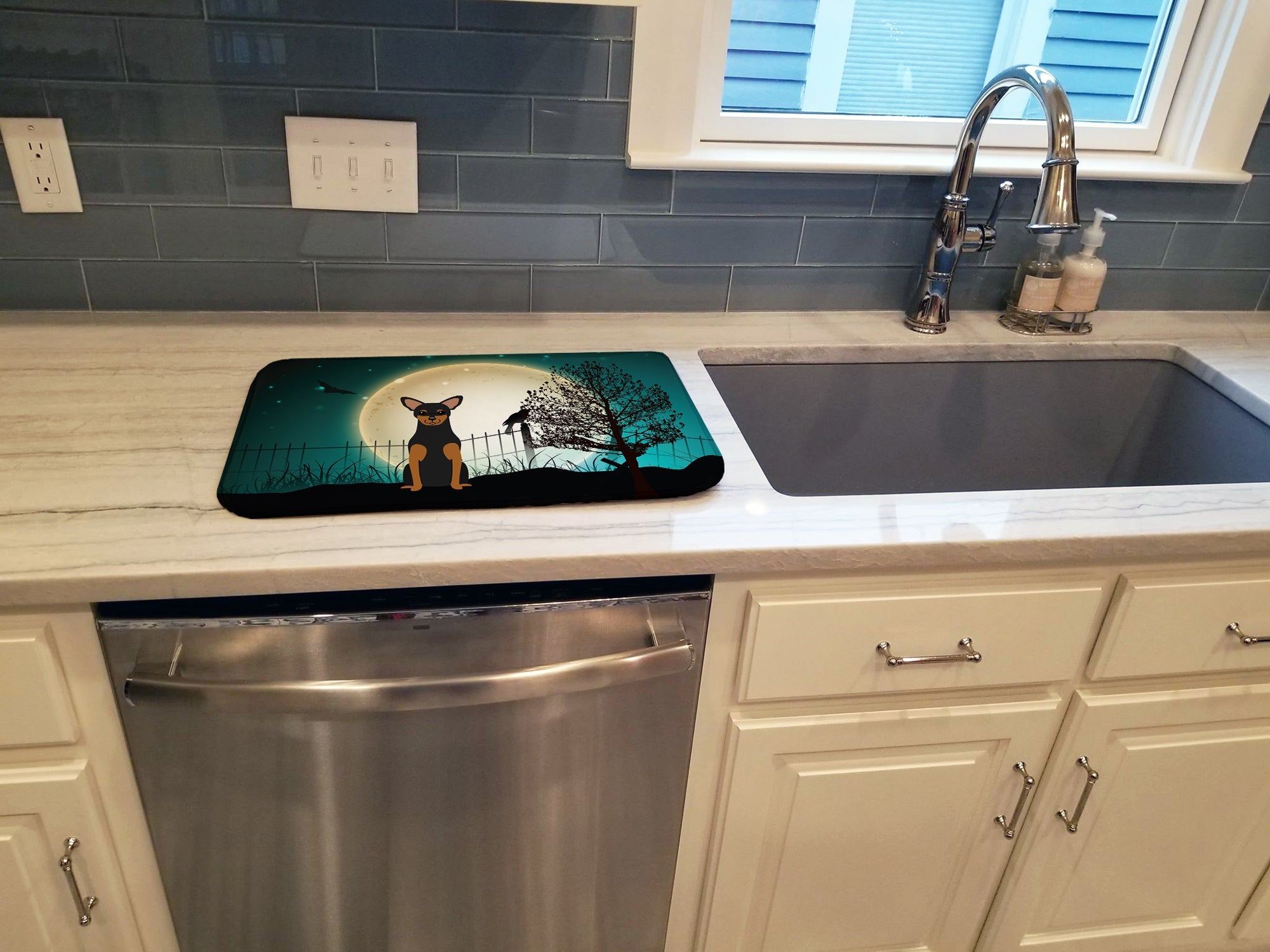 Halloween Scary Manchester Terrier Dish Drying Mat Absorbent Dish Drying Mat Pad for Kitchen Counter Dish Drainer Mat for Countertop, 14 x 21", Multicolor