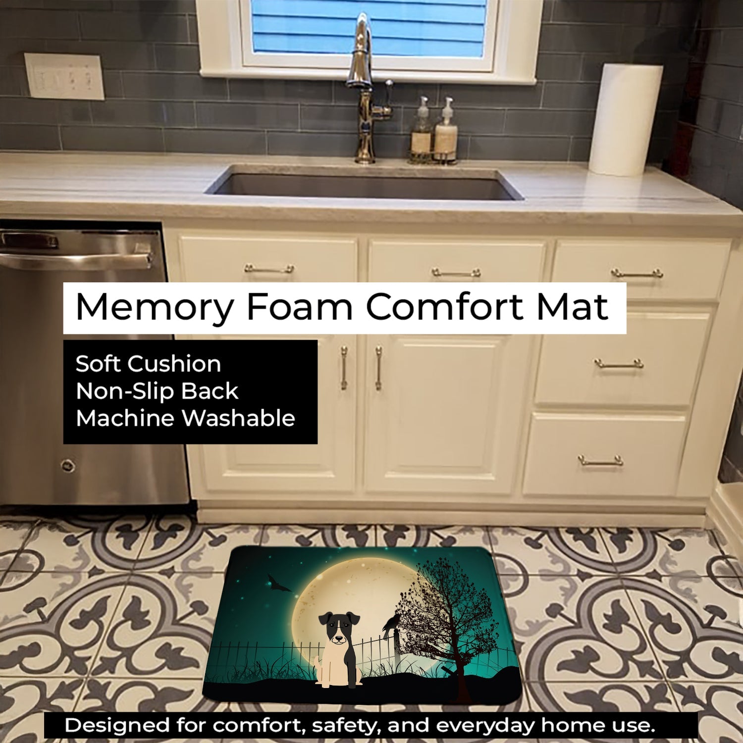 Halloween Scary Smooth Fox Terrier Memory Foam Kitchen Mat Machine Washable Anti-Fatigue Cushion Comfort Bath or Kitchen Rug