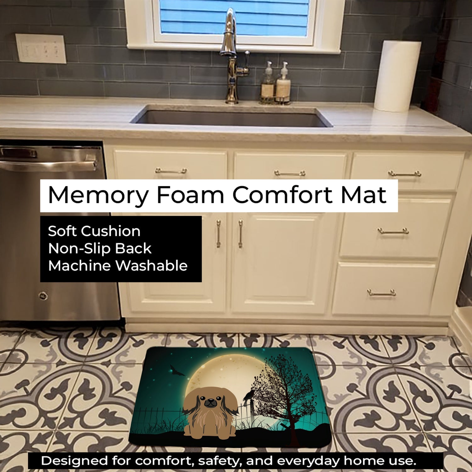 Halloween Scary Pekingese Tan Memory Foam Kitchen Mat Machine Washable Anti-Fatigue Cushion Comfort Bath or Kitchen Rug