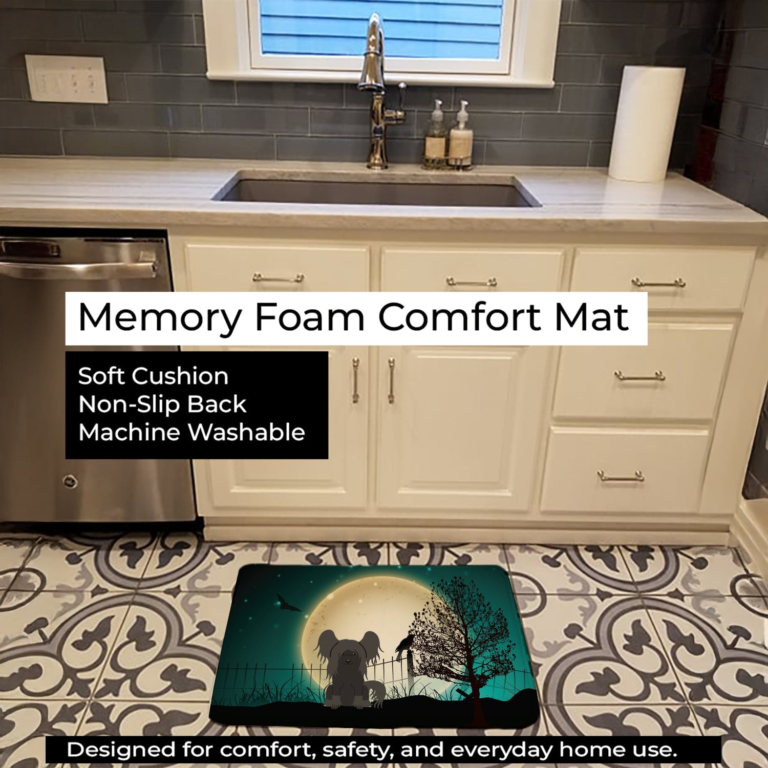 Halloween Scary Chinese Crested Black Memory Foam Kitchen Mat Machine Washable Anti-Fatigue Cushion Comfort Bath or Kitchen Rug