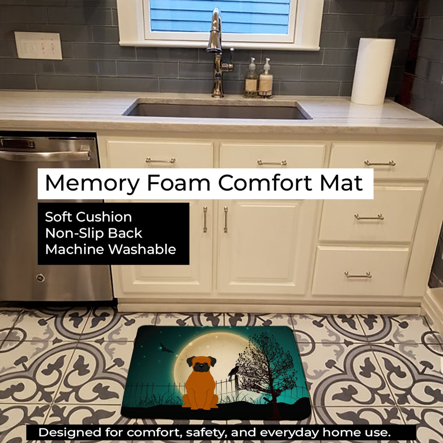 Halloween Scary Fawn Boxer Memory Foam Kitchen Mat Machine Washable Anti-Fatigue Cushion Comfort Bath or Kitchen Rug
