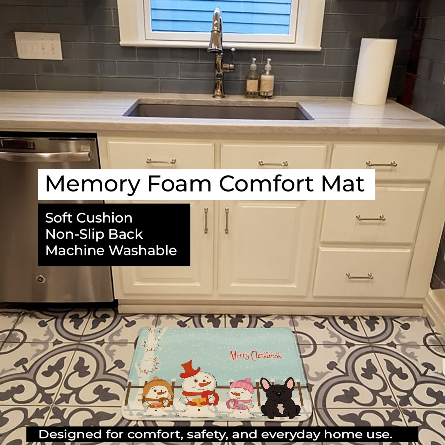 Merry Christmas Carolers French Bulldog Brindle Memory Foam Kitchen Mat Machine Washable Anti-Fatigue Cushion Comfort Bath or Kitchen Rug