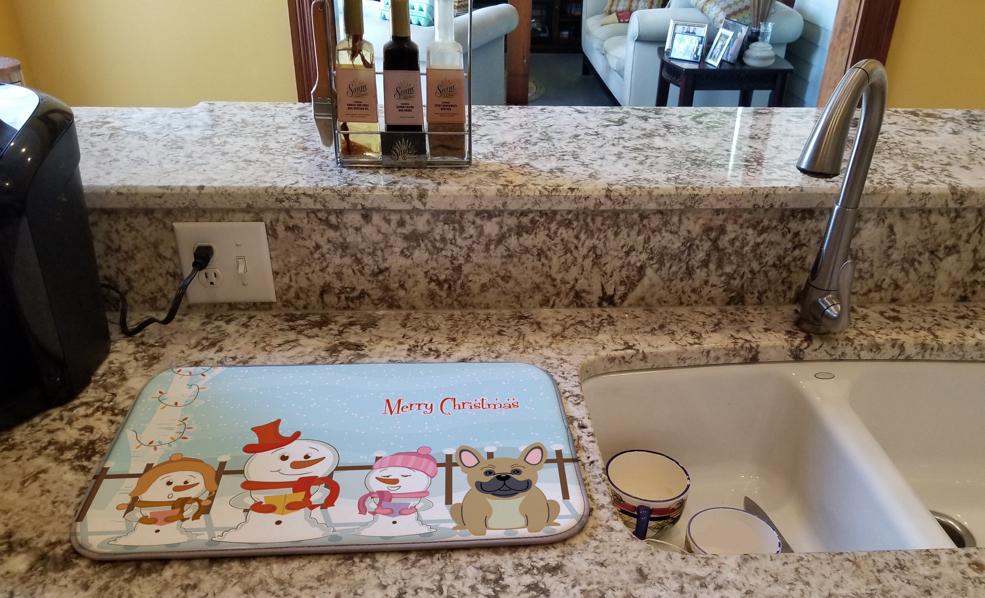 Merry Christmas Carolers French Bulldog Cream Dish Drying Mat Absorbent Dish Drying Mat Pad for Kitchen Counter Dish Drainer Mat for Countertop, 14 x 21", Multicolor