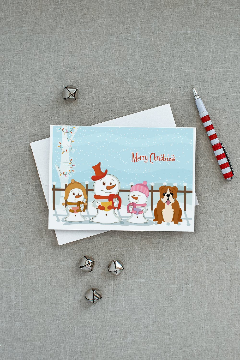 Merry Christmas Carolers English Bulldog Red White Greeting Cards Pack of 8 Blank Cards with Envelopes Whimsical A7 Size 5x7