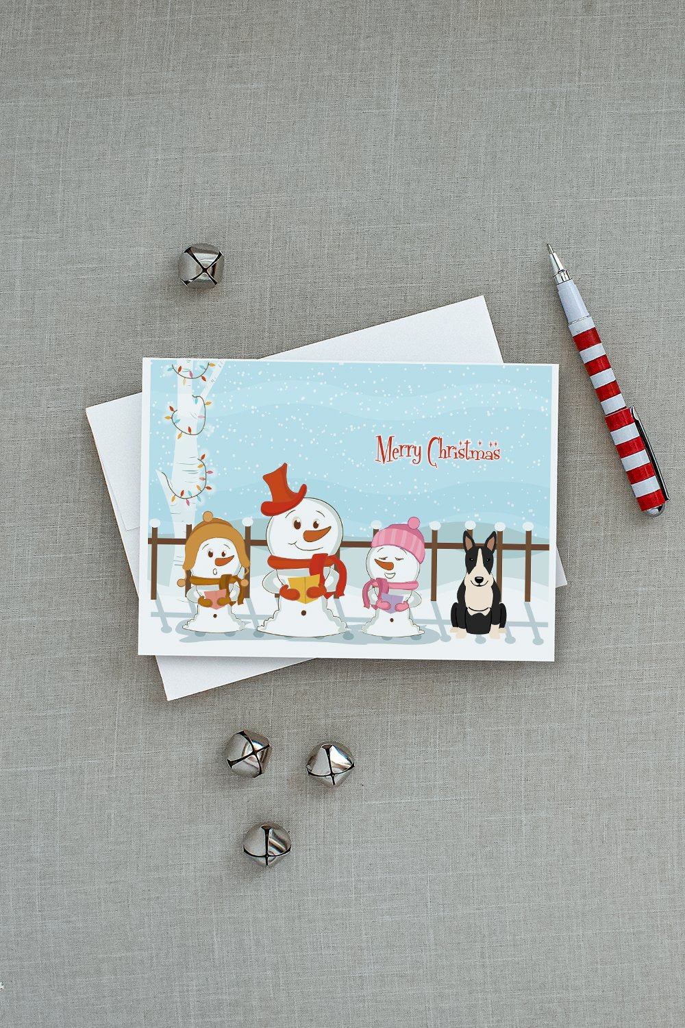 Merry Christmas Carolers Bull Terrier Black White Greeting Cards Pack of 8 Blank Cards with Envelopes Whimsical A7 Size 5x7