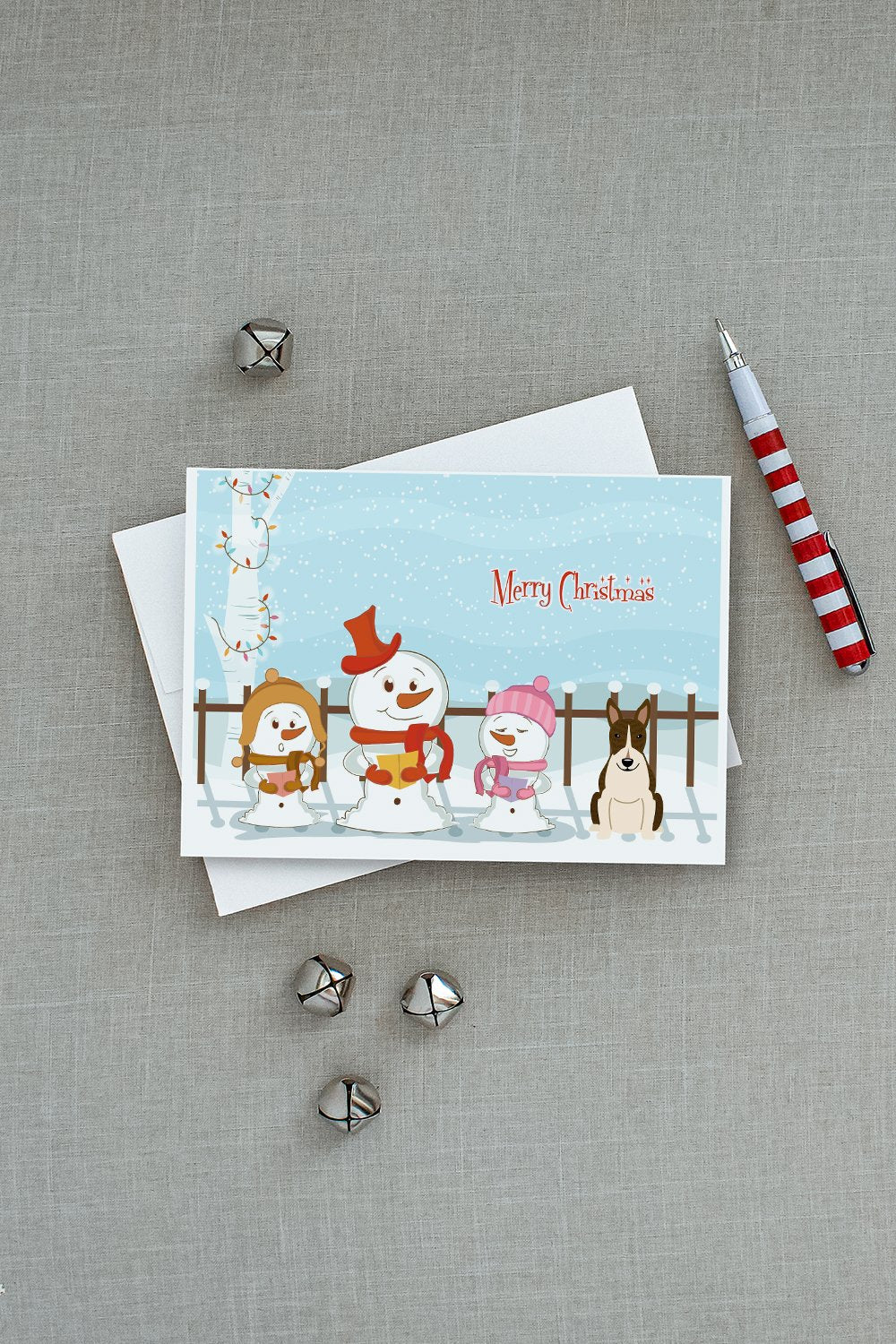 Merry Christmas Carolers Bull Terrier Dark Brindle Greeting Cards Pack of 8 Blank Cards with Envelopes Whimsical A7 Size 5x7