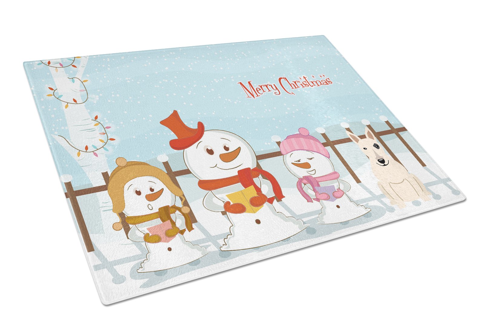 Merry Christmas Carolers Bull Terrier White Cutting Board Tempered Glass Kitchen Cutting Surface, Heat Resistant Chopping, Non-Slip Feet, Food Prep & Serving