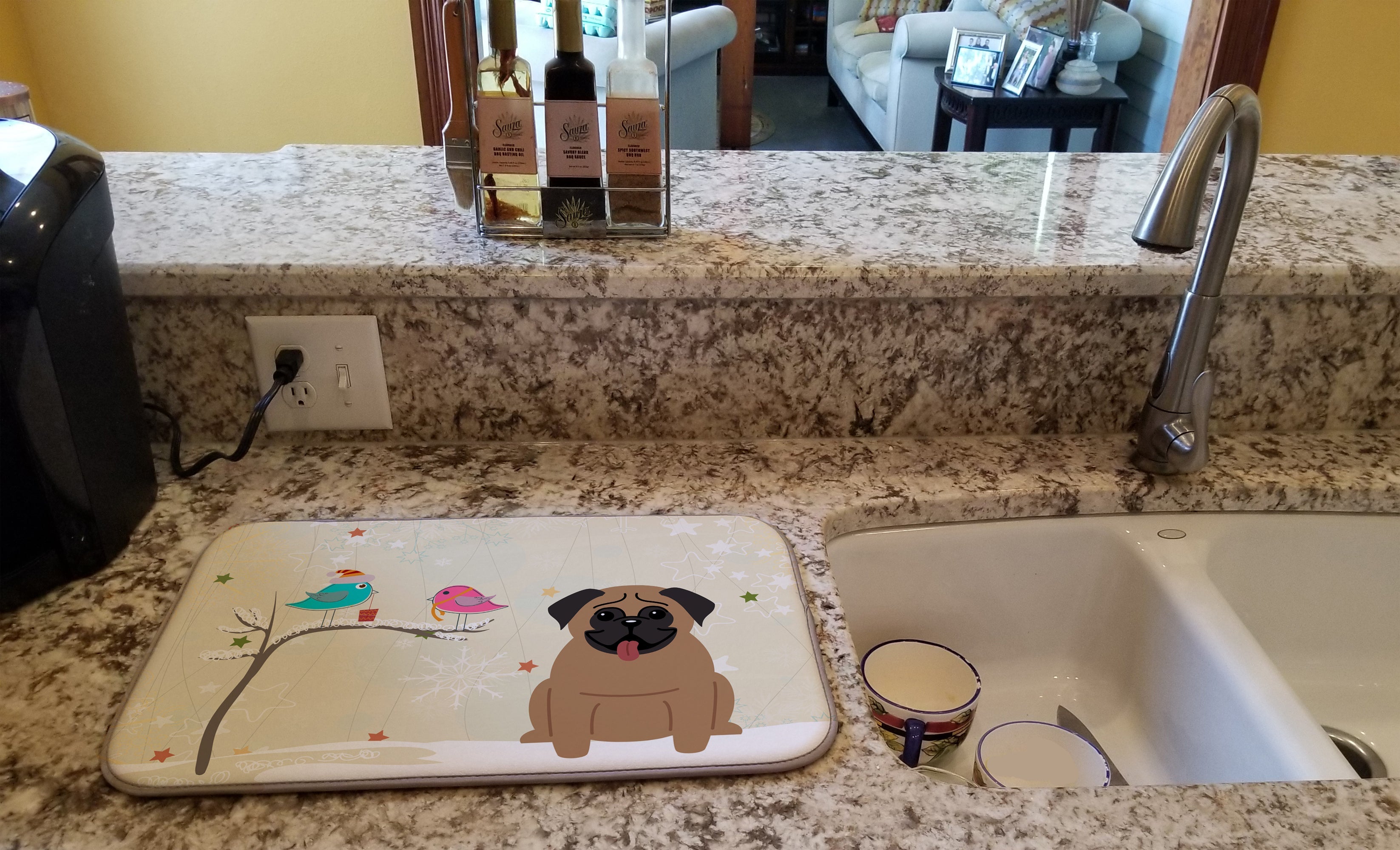 Christmas Presents between Friends Pug - Brown Dish Drying Mat Absorbent Dish Drying Mat Pad for Kitchen Counter Dish Drainer Mat for Countertop, 14 x 21", Multicolor