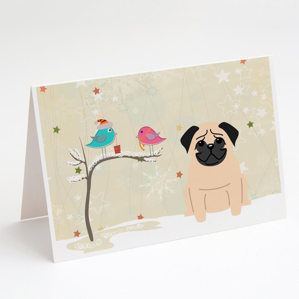 Christmas Presents between Friends Pug - Fawn Greeting Cards Pack of 8 Blank Cards with Envelopes Whimsical A7 Size 5x7