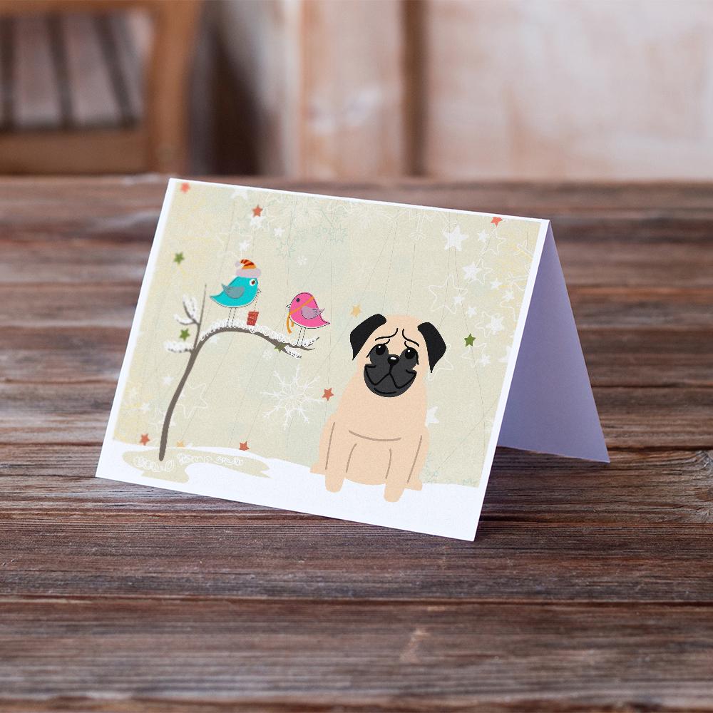 Christmas Presents between Friends Pug - Fawn Greeting Cards Pack of 8 Blank Cards with Envelopes Whimsical A7 Size 5x7