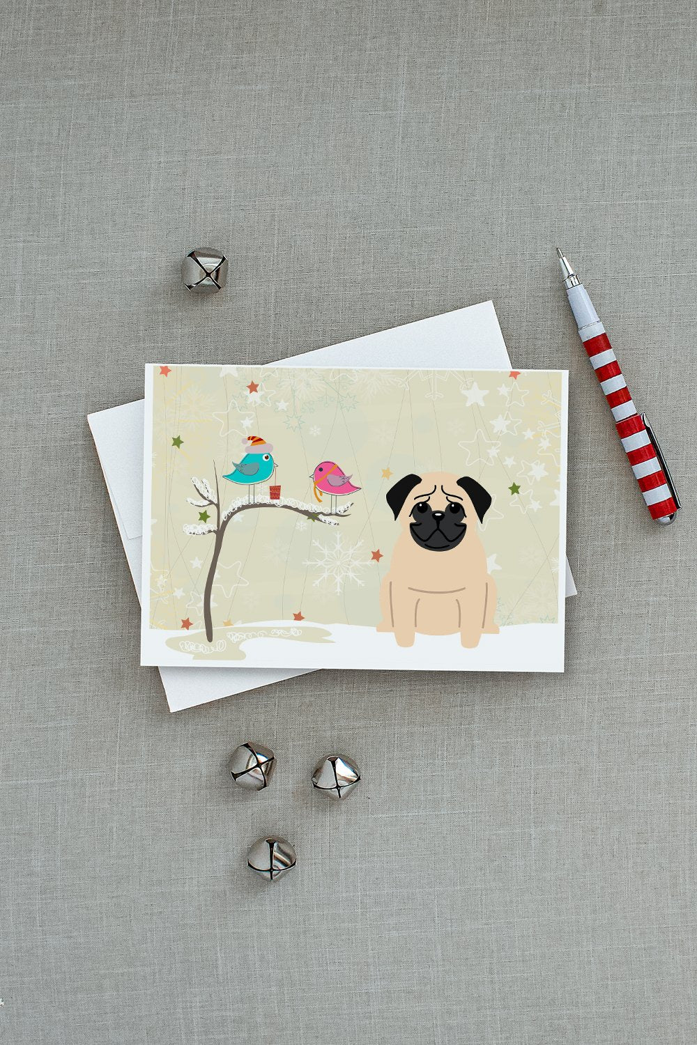 Christmas Presents between Friends Pug - Fawn Greeting Cards Pack of 8 Blank Cards with Envelopes Whimsical A7 Size 5x7