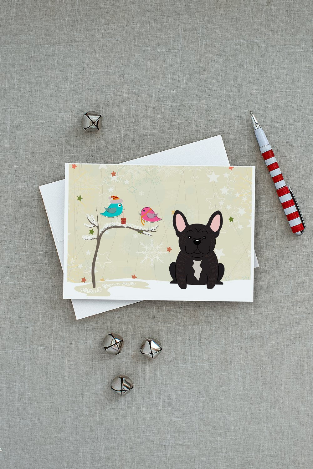 Christmas Presents between Friends French Bulldog - Brindle Greeting Cards Pack of 8 Blank Cards with Envelopes Whimsical A7 Size 5x7