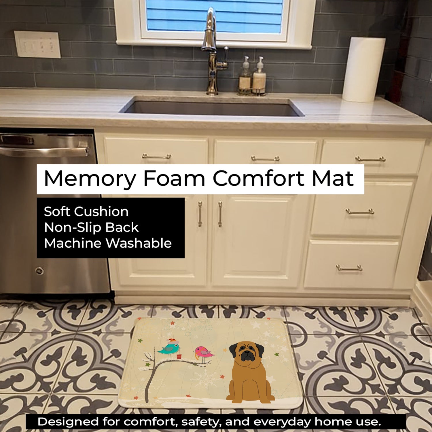 Christmas Presents between Friends Mastiff Memory Foam Kitchen Mat Machine Washable Anti-Fatigue Cushion Comfort Bath or Kitchen Rug