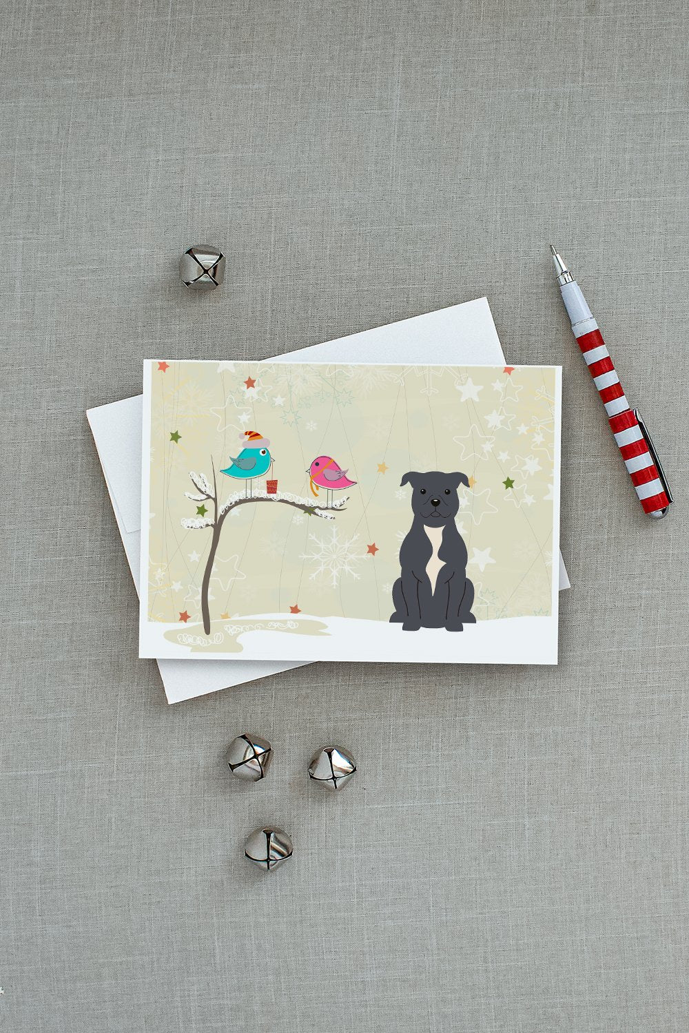 Christmas Presents between Friends Bull Terrier - Blue Greeting Cards Pack of 8 Blank Cards with Envelopes Whimsical A7 Size 5x7