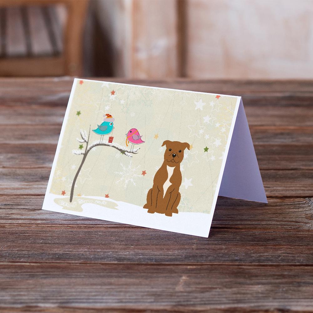 Christmas Presents between Friends Bull Terrier - Brown Greeting Cards Pack of 8 Blank Cards with Envelopes Whimsical A7 Size 5x7