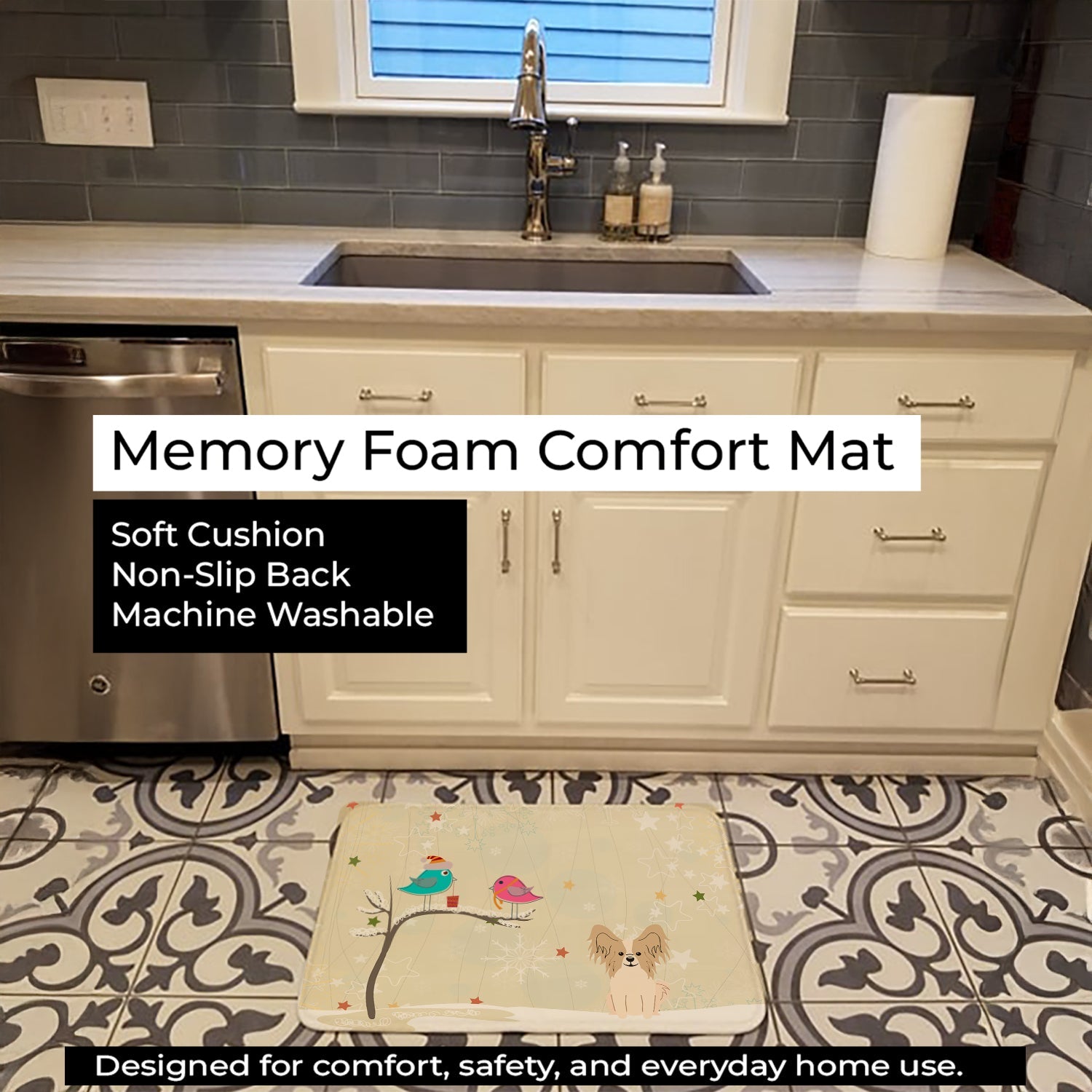 Christmas Presents between Friends Papillon - Sable and White Memory Foam Kitchen Mat Machine Washable Anti-Fatigue Cushion Comfort Bath or Kitchen Rug
