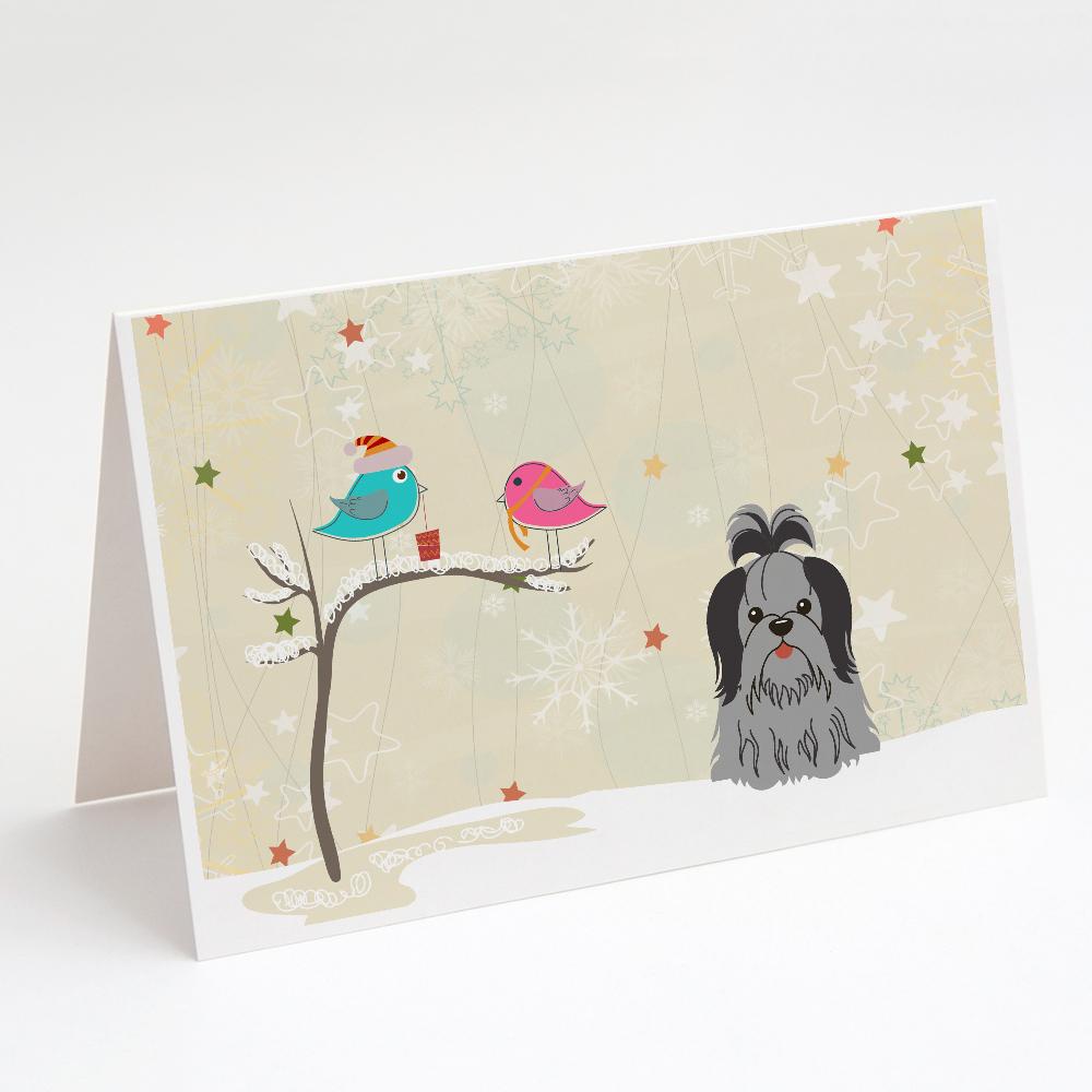 Christmas Presents between Friends Shih Tzu - Black and Silver Greeting Cards Pack of 8 Blank Cards with Envelopes Whimsical A7 Size 5x7
