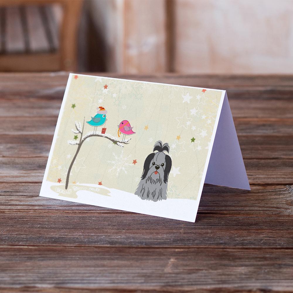 Christmas Presents between Friends Shih Tzu - Black and Silver Greeting Cards Pack of 8 Blank Cards with Envelopes Whimsical A7 Size 5x7