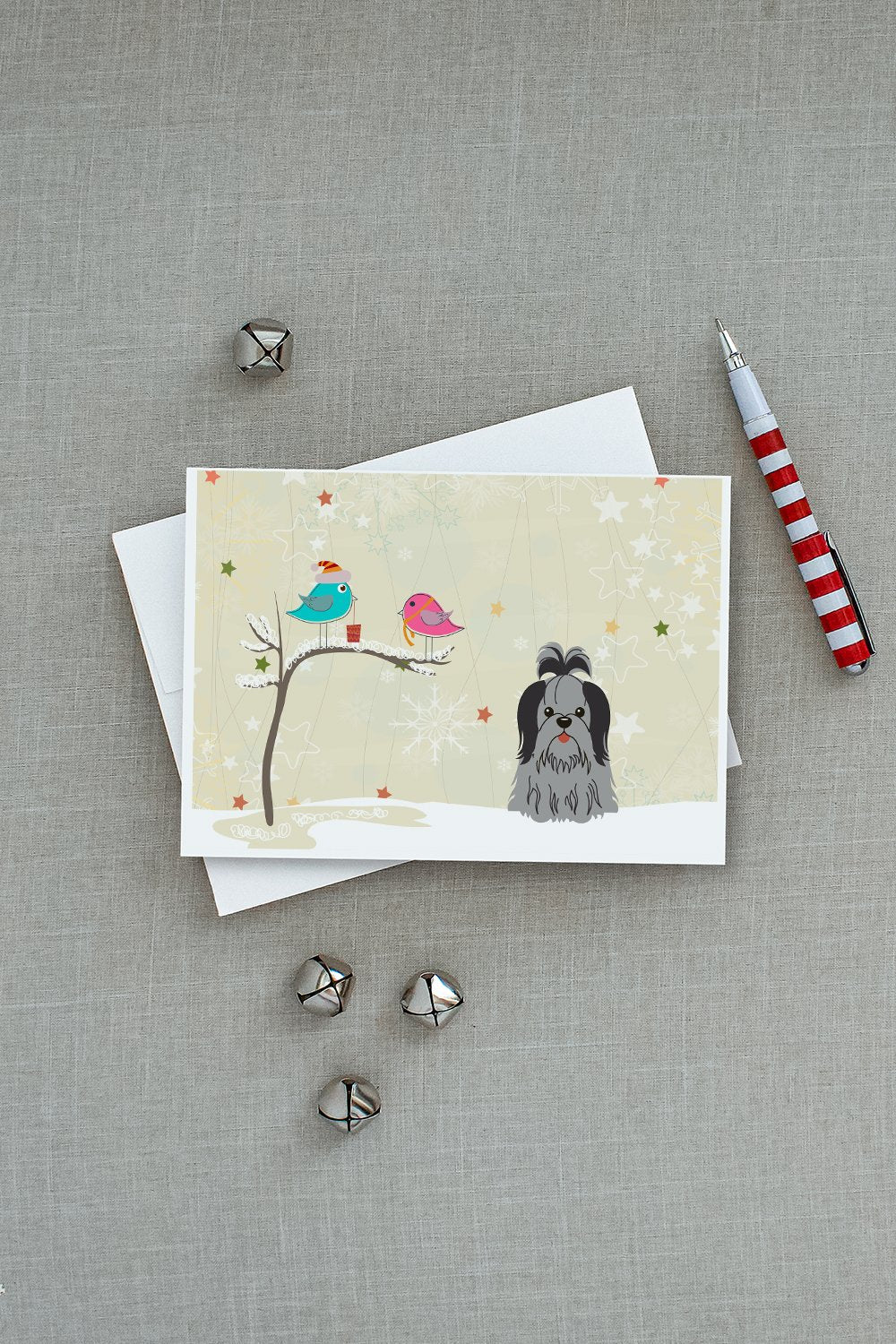 Christmas Presents between Friends Shih Tzu - Black and Silver Greeting Cards Pack of 8 Blank Cards with Envelopes Whimsical A7 Size 5x7