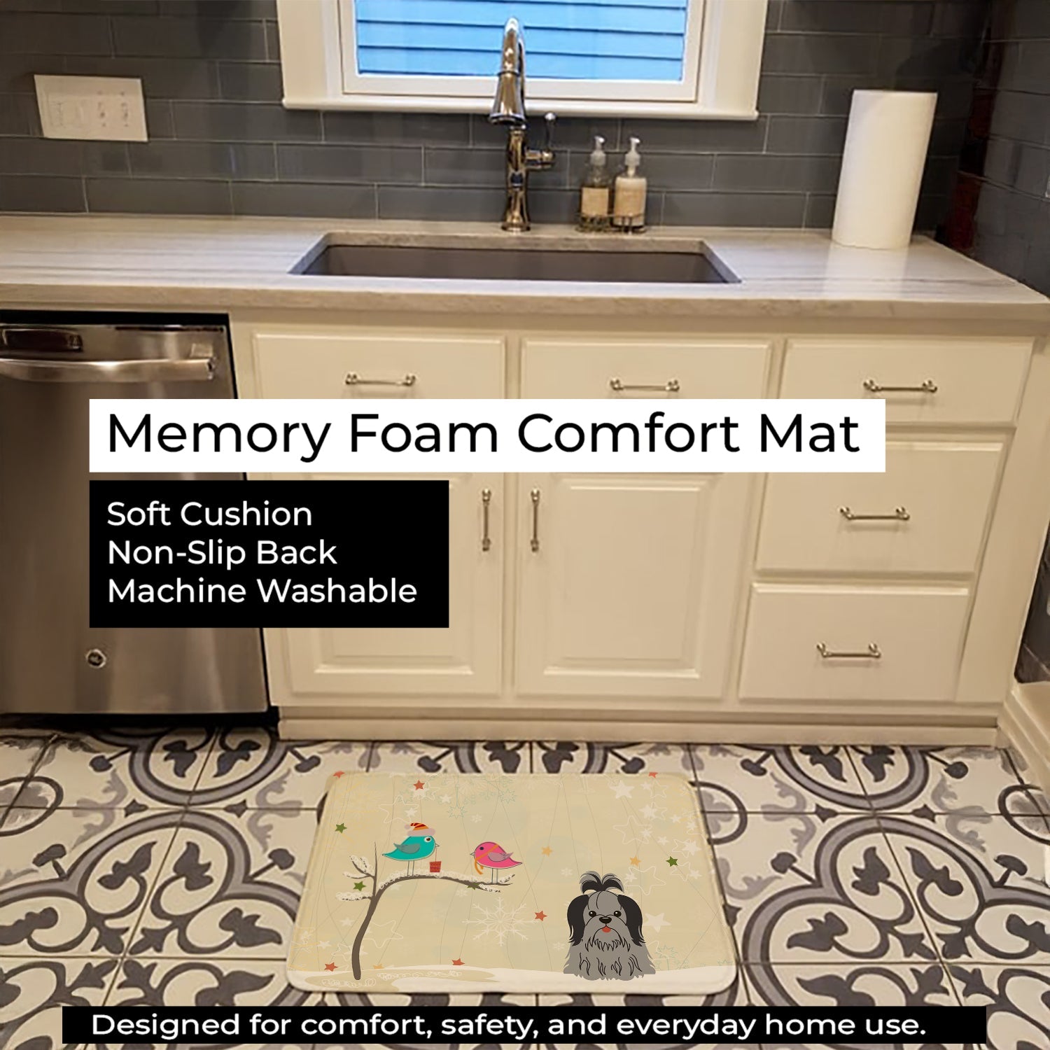 Christmas Presents between Friends Shih Tzu - Black and Silver Memory Foam Kitchen Mat Machine Washable Anti-Fatigue Cushion Comfort Bath or Kitchen Rug