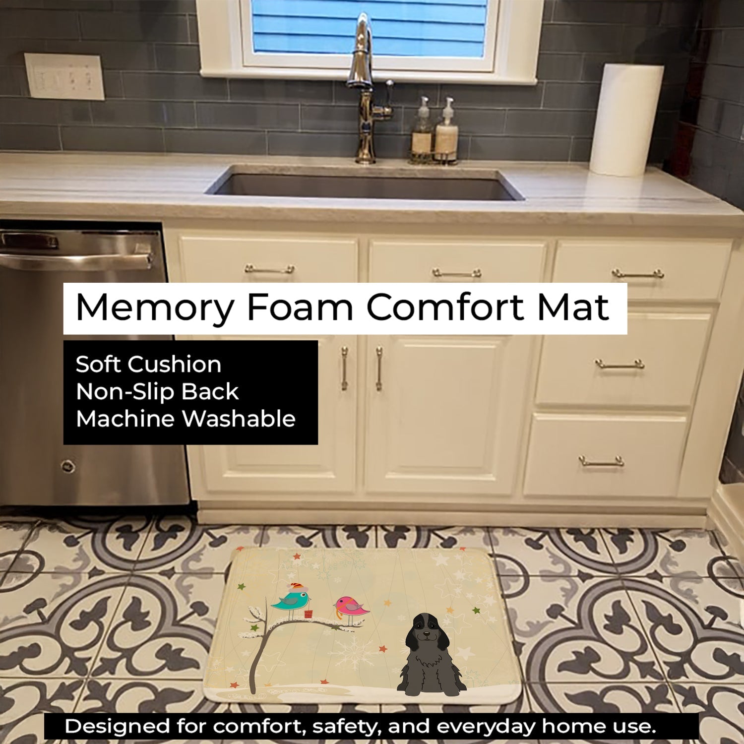 Christmas Presents between Friends Cocker Spaniel - Black Memory Foam Kitchen Mat Machine Washable Anti-Fatigue Cushion Comfort Bath or Kitchen Rug