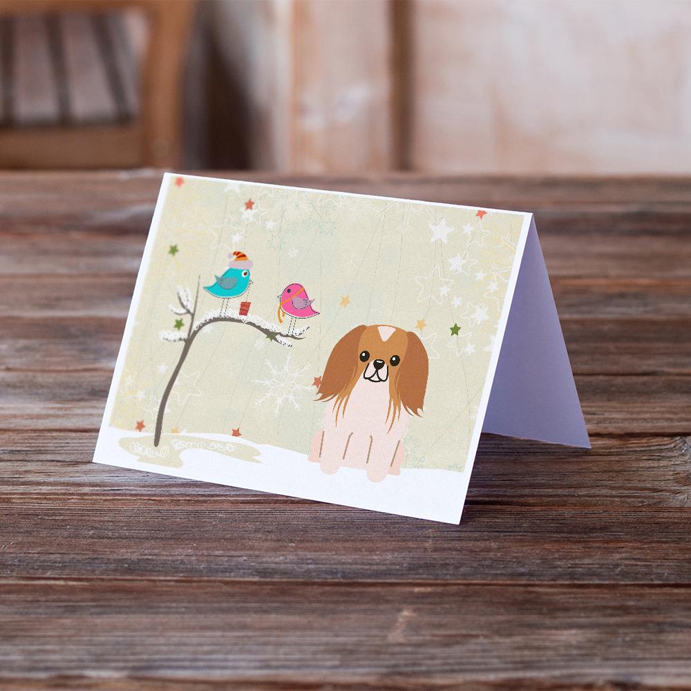 Christmas Presents between Friends Pekingese - Red and White Greeting Cards Pack of 8 Blank Cards with Envelopes Whimsical A7 Size 5x7