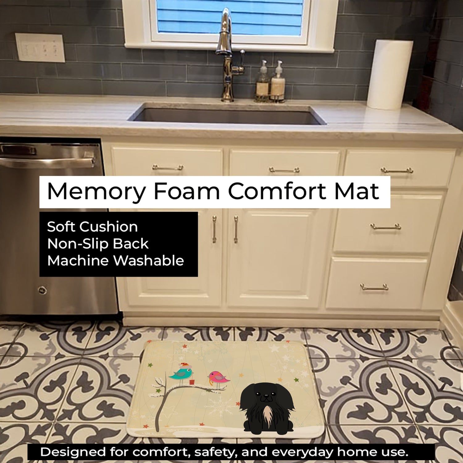 Christmas Presents between Friends Pekingese - Black Memory Foam Kitchen Mat Machine Washable Anti-Fatigue Cushion Comfort Bath or Kitchen Rug
