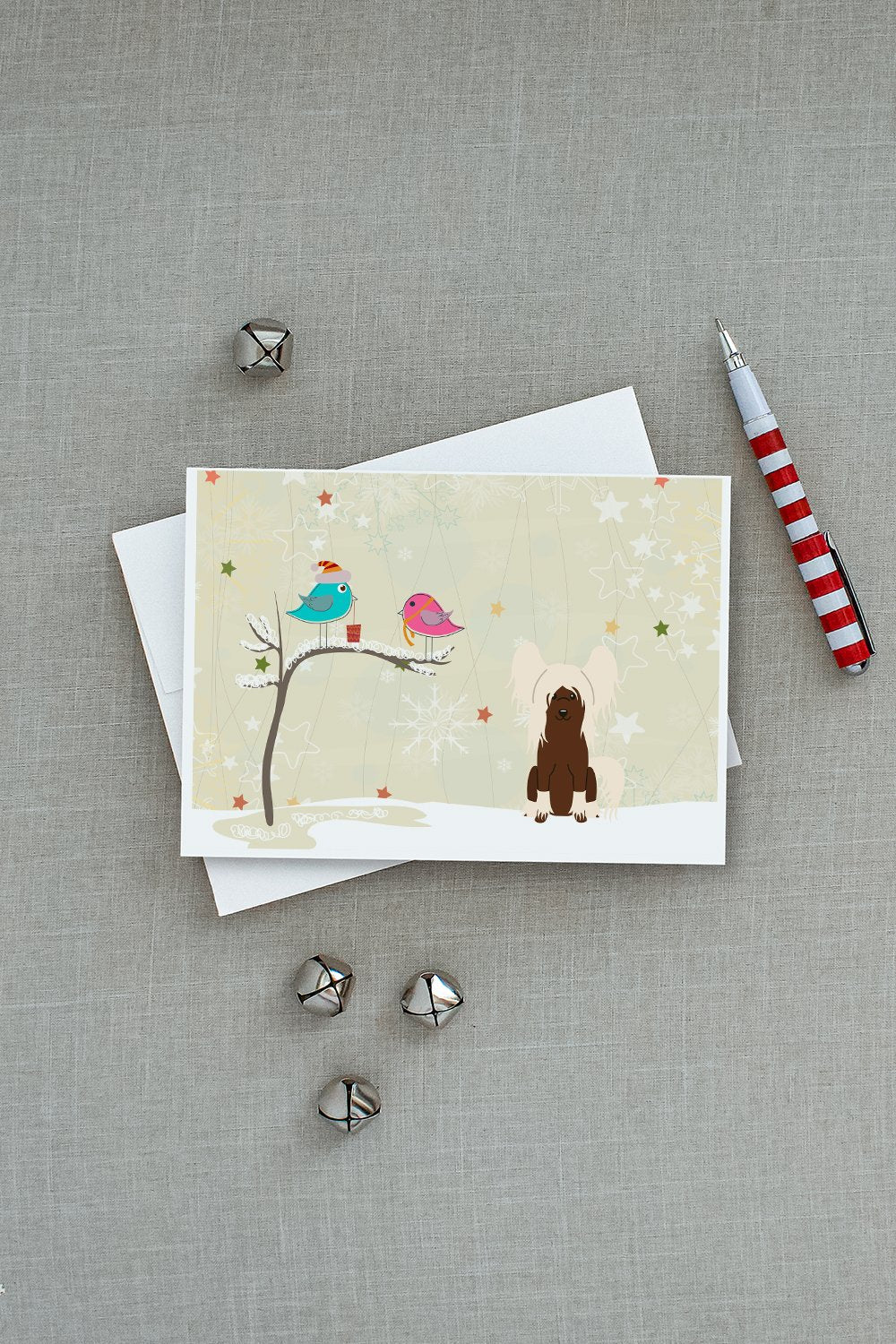 Christmas Presents between Friends Chinese Crested - Cream Greeting Cards Pack of 8 Blank Cards with Envelopes Whimsical A7 Size 5x7